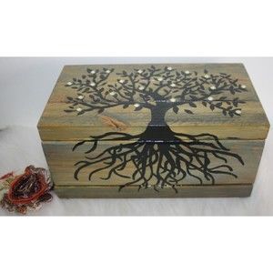 Tree Of Life Wooden Memory Box Handmade Rhinestone Embellished Stained GUC